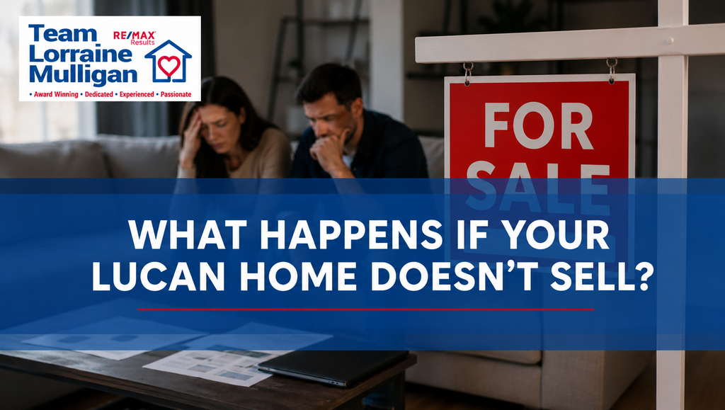 Real estate banner showing a concerned couple sitting in their living room beside a prominent For Sale sign, with the headline about a Lucan home not selling.