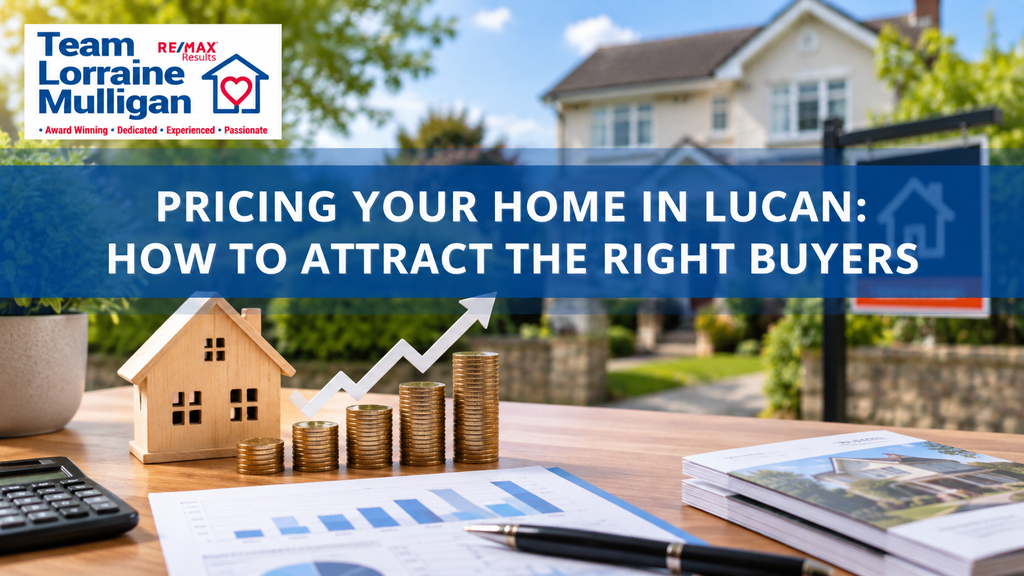 Team Lorraine Mulligan banner showing a Lucan home, property pricing charts, rising coin stacks and a “For Sale” sign.
