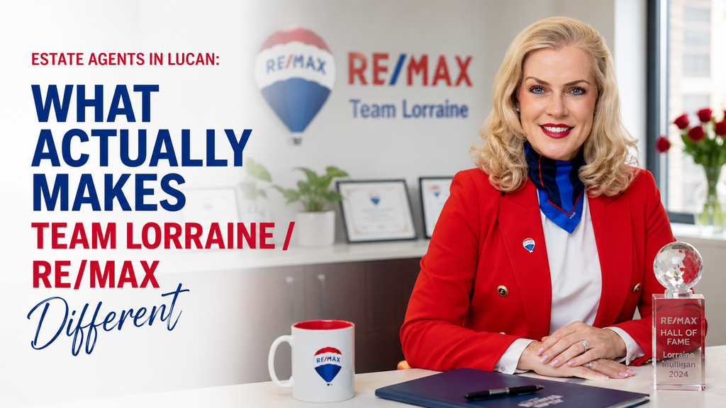 Team Lorraine / RE/MAX estate agent Lorraine Mulligan in a red blazer sitting in a professional office with a RE/MAX award, alongside the headline about what makes the team different in Lucan.