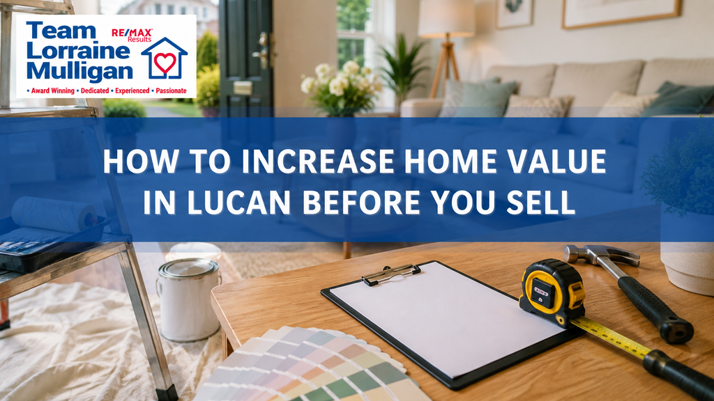 Team Lorraine Mulligan banner showing home improvement tools, paint samples and a staged living room for increasing home value in Lucan before selling.