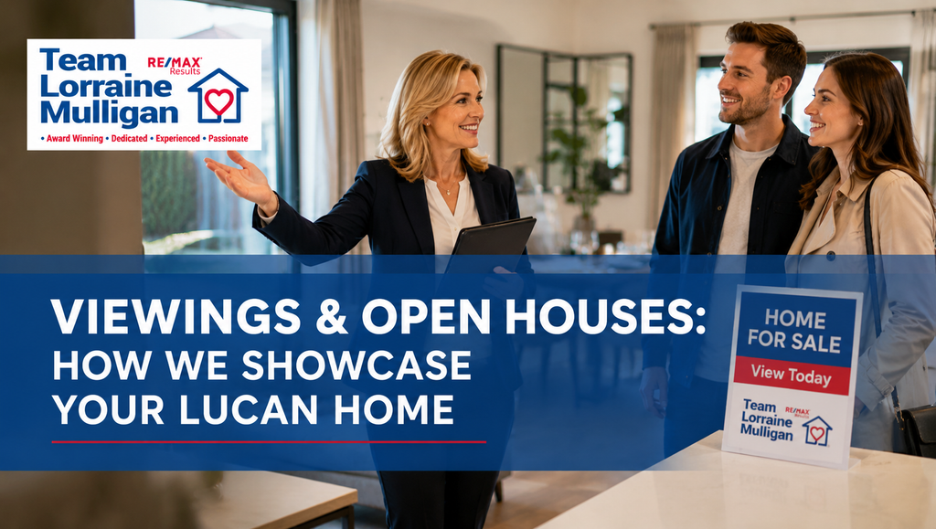 Estate agent Lorraine Mulligan showing a couple around a bright modern home during a property viewing in Lucan.