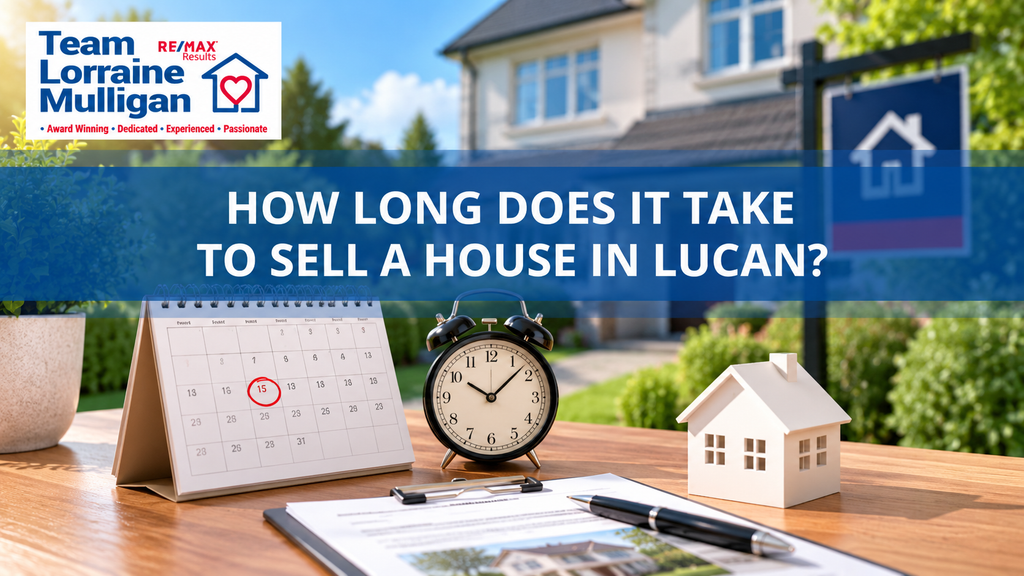 Team Lorraine Mulligan banner featuring a calendar, clock, house model and property documents, illustrating the time it can take to sell a house in Lucan.