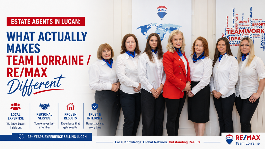 Team Lorraine / RE/MAX estate agents standing together in a professional office, with RE/MAX branding and a headline highlighting what makes the team different in Lucan.