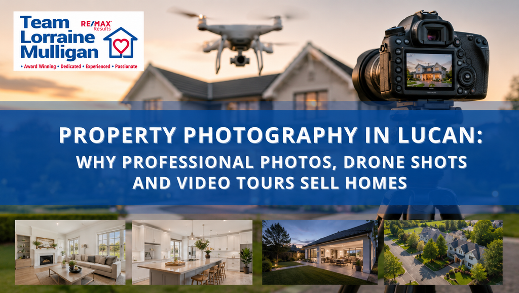 Team Lorraine Mulligan property photography banner featuring a suburban home, professional camera, drone and property photography images, with the title “Property Photography in Lucan: Why Professional Photos, Drone Shots and Video Tours Sell Homes.”