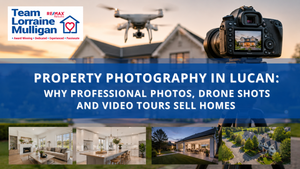 Team Lorraine Mulligan property photography banner featuring a suburban home, professional camera, drone and property photography images, with the title “Property Photography in Lucan: Why Professional Photos, Drone Shots and Video Tours Sell Homes.”