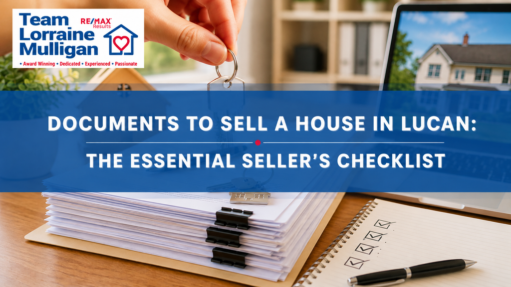 Team Lorraine Mulligan banner featuring property sale documents, house keys, a checklist and laptop, with the headline “Documents to Sell a House in Lucan: The Essential Seller’s Checklist.”
