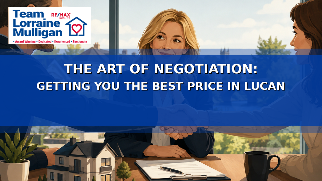 Illustration of a property negotiation with a real estate agent and homeowners shaking hands across a desk, with a house model and Lucan-style suburban scenery in the background.