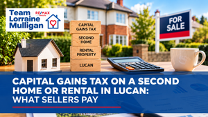 Capital Gains Tax concept for selling a second home or rental property in Lucan, featuring a house model, calculator, property documents and For Sale sign.