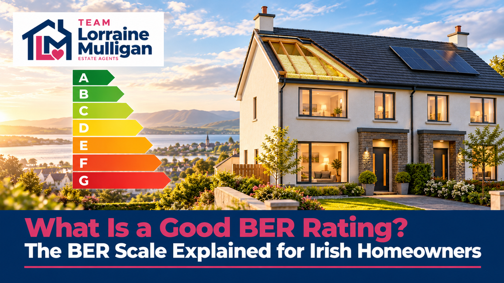 BER energy rating scale from A to G beside a modern Irish home with solar panels and roof insulation, illustrating home energy efficiency and property values, with Team Lorraine Mulligan Estate Agents branding.