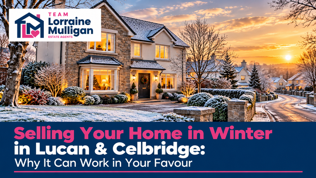 Beautiful family home in Lucan or Celbridge during winter, featuring frost-covered gardens, warm interior lighting and a sunset, with Team Lorraine Mulligan Estate Agents branding and a guide to selling property in winter.
