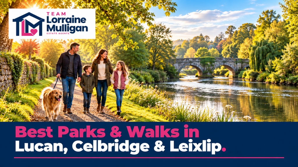Family walking their golden retriever along a scenic riverside path surrounded by mature trees and greenery, with a traditional stone bridge in the background. Team Lorraine Mulligan Estate Agents branded banner highlighting the best parks and walks in Lucan, Celbridge and Leixlip.
Caption